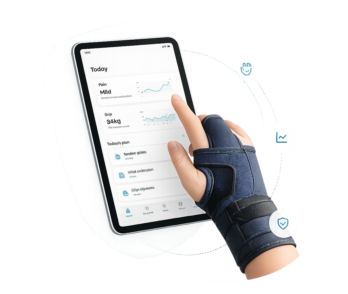 Hand in a thumb and wrist brace using HandTherapy.app on a tablet: Today view with pain level, grip strength, and today's exercise plan.