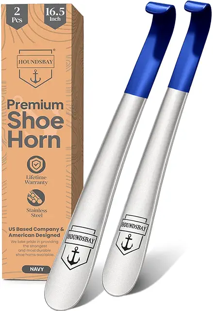 Long-handle metal shoe horn — local reference photo in HandTherapy.app catalog (education; not retailer packaging)